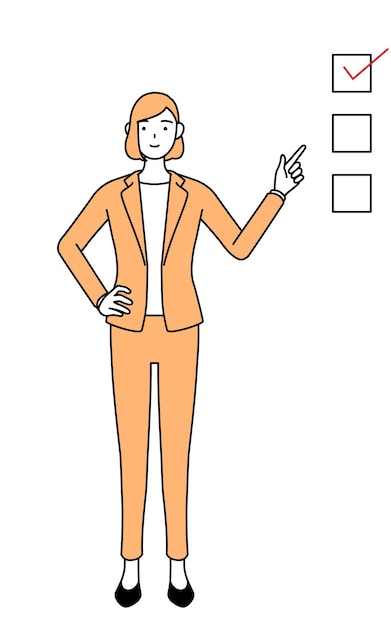 Vetor ilustração de desenho de linha simples de uma empresária de terno apontando para uma lista de verificação