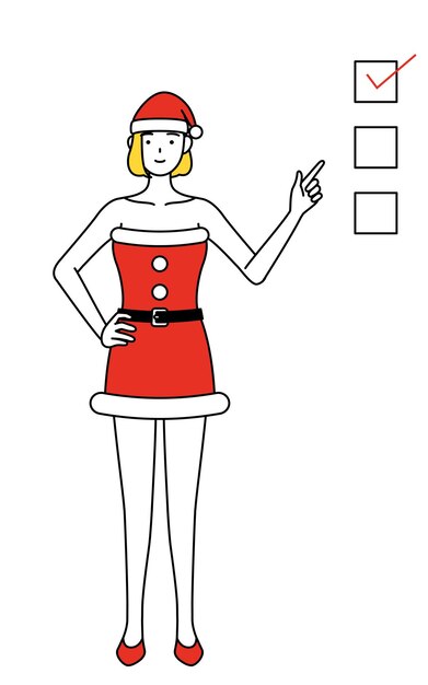 Ilustração de desenho de linha simples de uma mulher vestida de papai noel apontando para uma lista de verificação