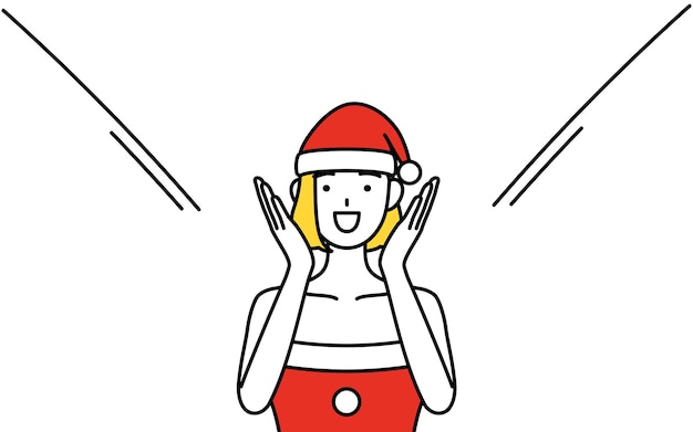 Ilustração de desenho de linha simples de uma mulher vestida de papai noel chamando com a mão sobre a boca