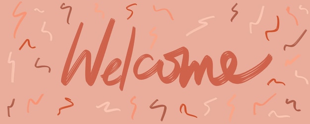 Ilustração de desenho de mão de banner de boas-vindas, letras vermelhas de arte de linha em fundo colorido. Bem-vindo ao vetor