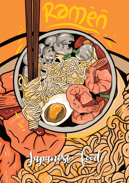 Ilustração de desenho de mão de comida japonesa ramen