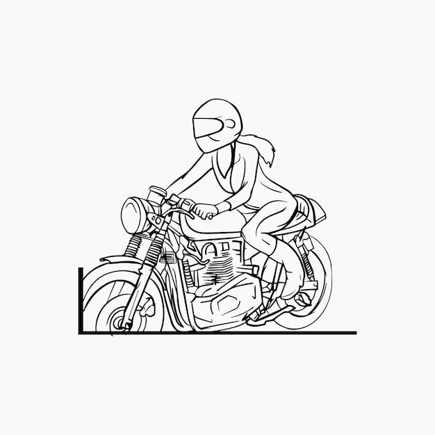 Ilustração de desenho de mão mulher montando motocicleta clássico