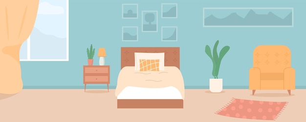 Ilustração de desenho vetorial da sala de estar do quarto moderno e aconchegante com fotos de plantas de cama de casal interior do tapete da poltrona dentro do conceito de apartamento contemporâneo de fundo colorido com móveis