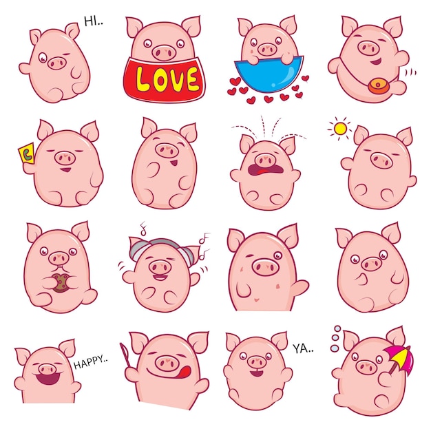 Ilustração de desenho vetorial de conjunto de adesivos de porco fofo