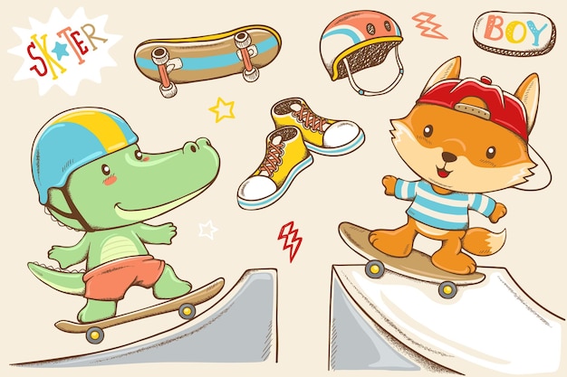 Ilustração de desenho vetorial de crocodilo desenhado à mão e raposa jogando desenho de elementos de skate de skate