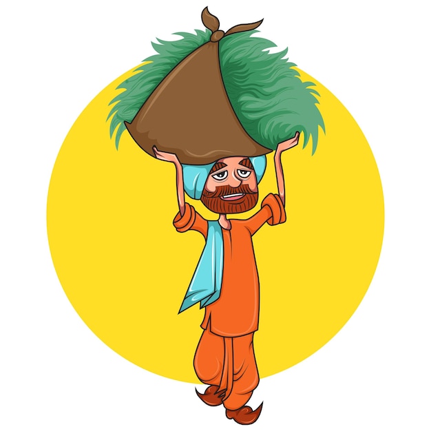 Ilustração de desenho vetorial de fazendeiro punjabi com pacote de grama