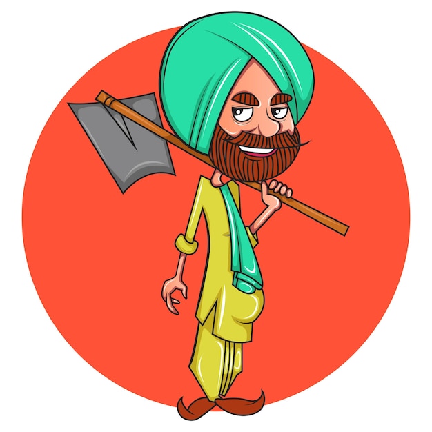 Vetor ilustração de desenho vetorial de fazendeiro punjabi segurando enxada de uva