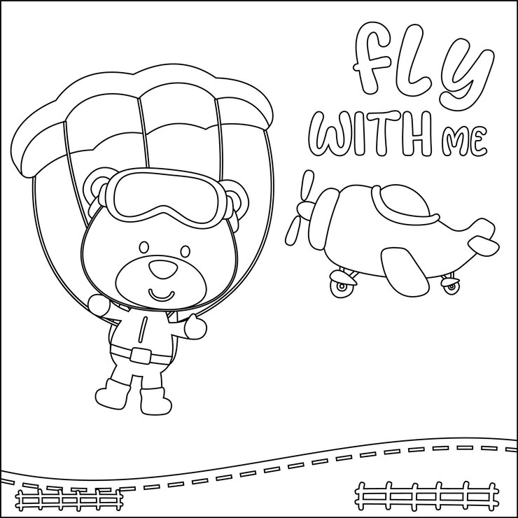 Vetor ilustração de desenho vetorial de paraquedismo com ursinho com livro de colorir estilo desenho animado
