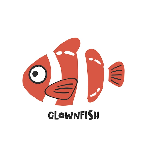 Ilustração de desenho vetorial desenhada à mão de peixe-palhaço para crianças animal de mar divertido