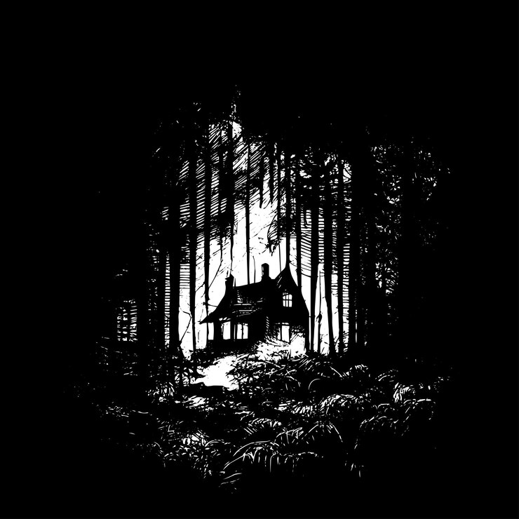 Vetor ilustração de desenho vetorial preto e branco de horror house na floresta escura
