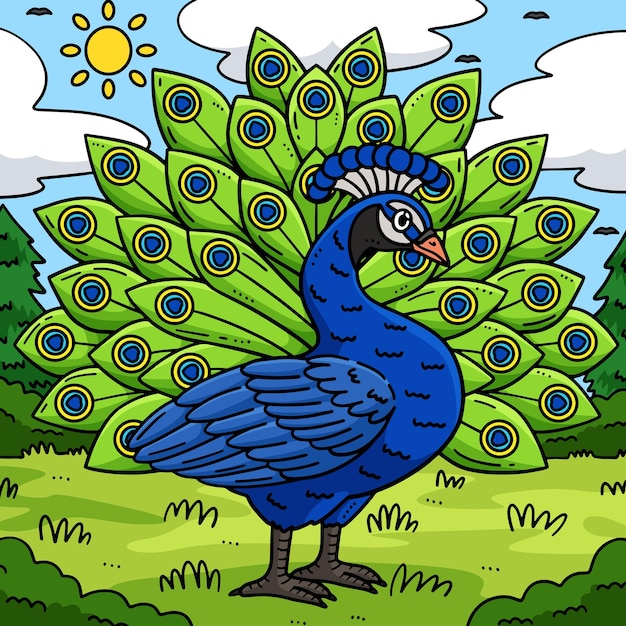 Ilustração de desenhos animados coloridos de pássaro-pavo