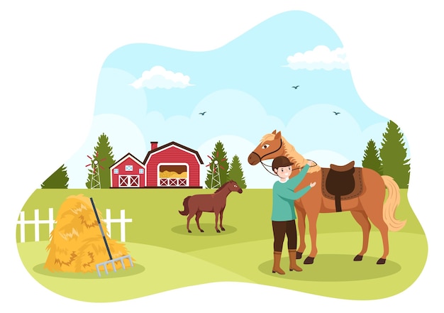 Ilustração de desenhos animados de equitação com pessoas bonitas praticando passeio a cavalo no campo verde