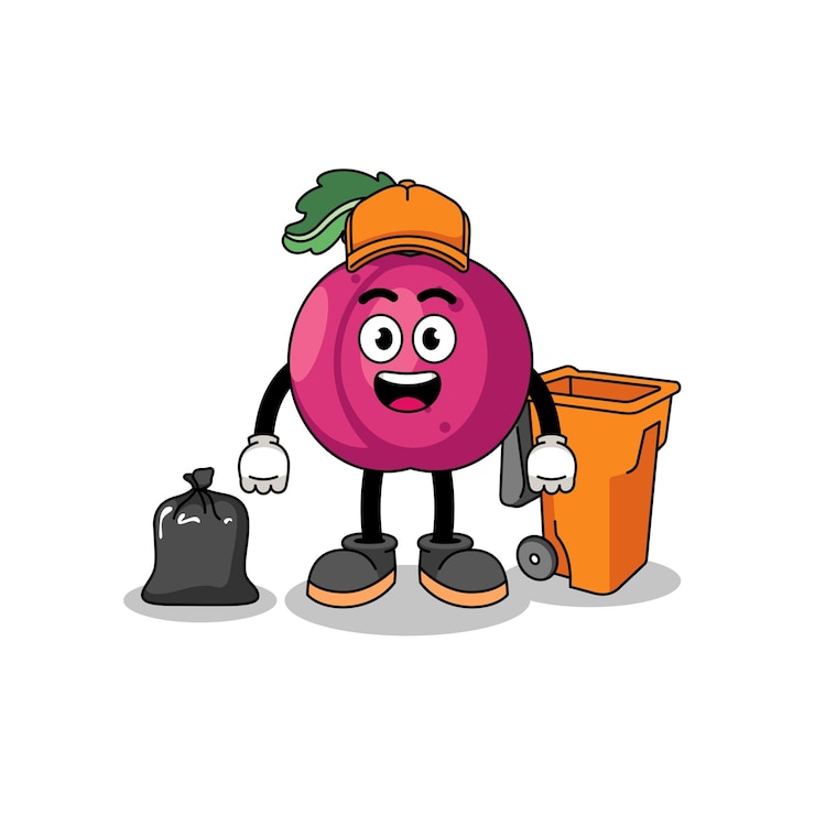 Vetor ilustração de desenhos animados de frutas de ameixa como coletor de lixo