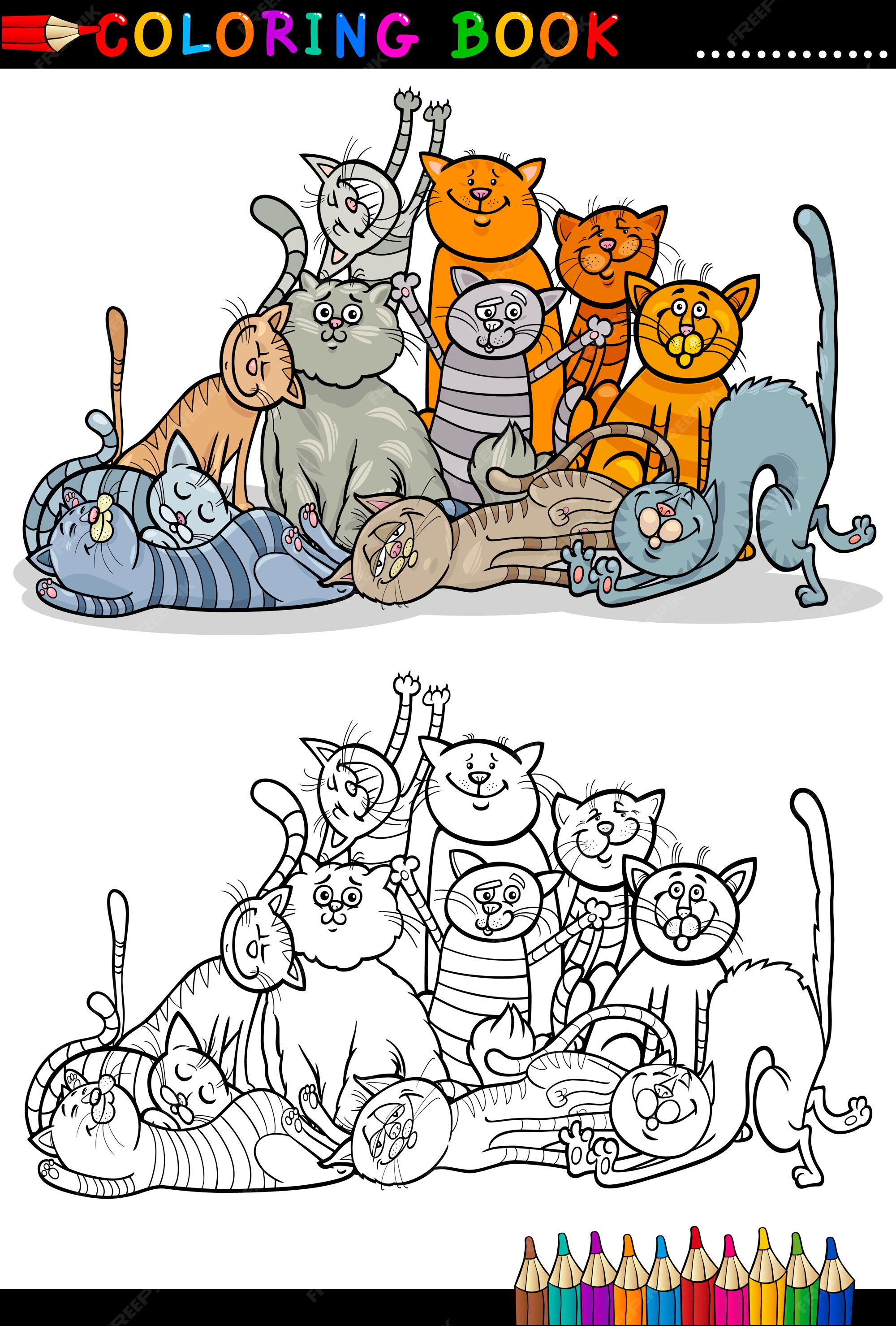 Feminino · gato · desenho · animado · livro · para · colorir · preto · e ·  branco · ilustração - ilustração de vetor © izakowski (#2630135)