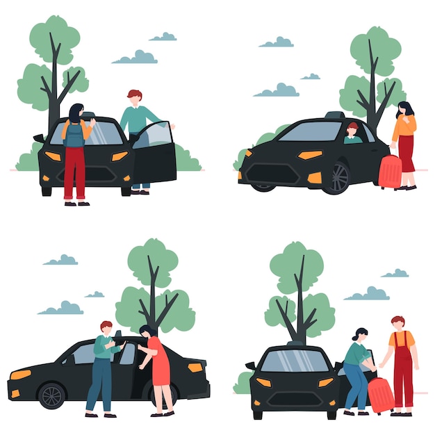 Ilustração de desenhos animados pessoas de pé ao lado de carros personagens simplificados estilo minimalista