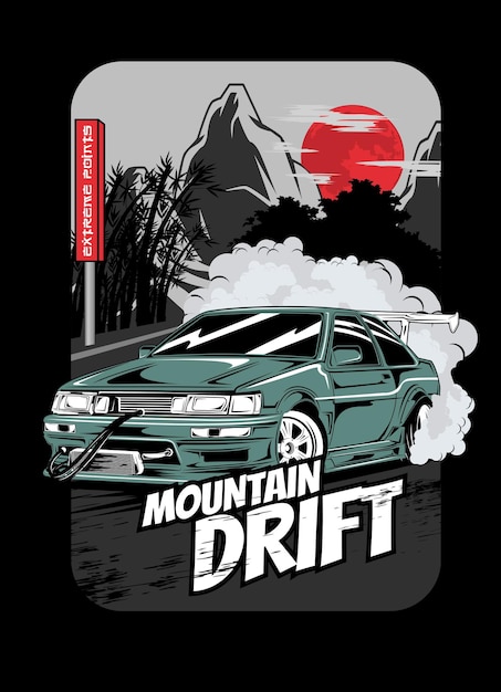 Vetor ilustração de design de camiseta de competição de drift de montanha