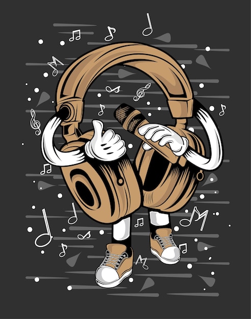 Vetor ilustração de design de camiseta de fones de ouvido cantando de desenho animado