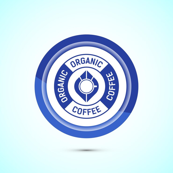 Ilustração de design de ícone de café orgânico café ecológico sinal de café ecológico design de botão de cor azul