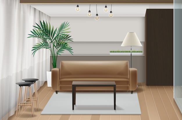 Vetor ilustração de design de interiores com móveis em estilo eco-minimalista