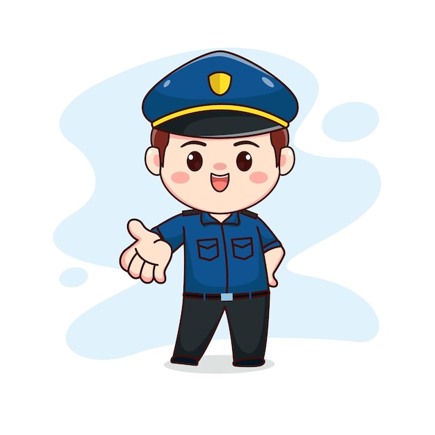 Ilustração de design de personagem de desenho animado kawaii chibi de policial fofo feliz