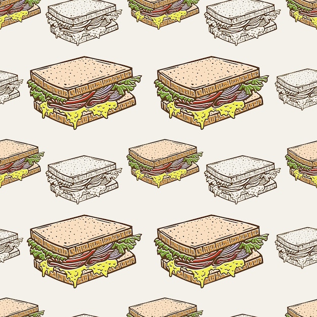 Vetor ilustração de design de sanduíche na mão desenhada em padrão vintage perfeito