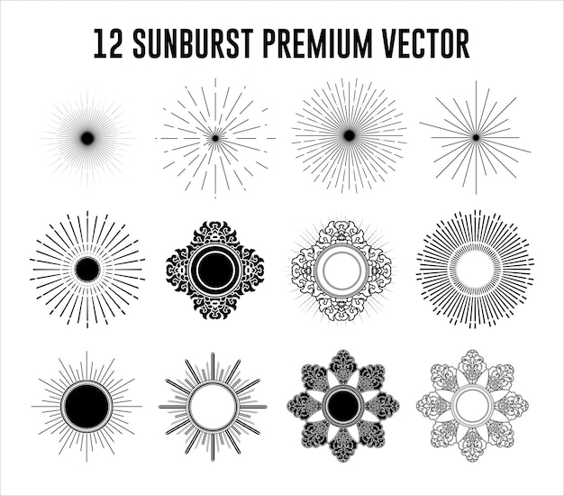 Ilustração de design de vetor de explosão de sol preto e branco