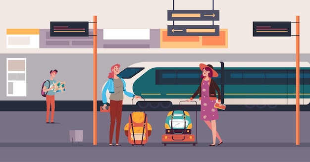 Ilustração de design gráfico do conceito ferroviário do trem turístico da plataforma da estação
