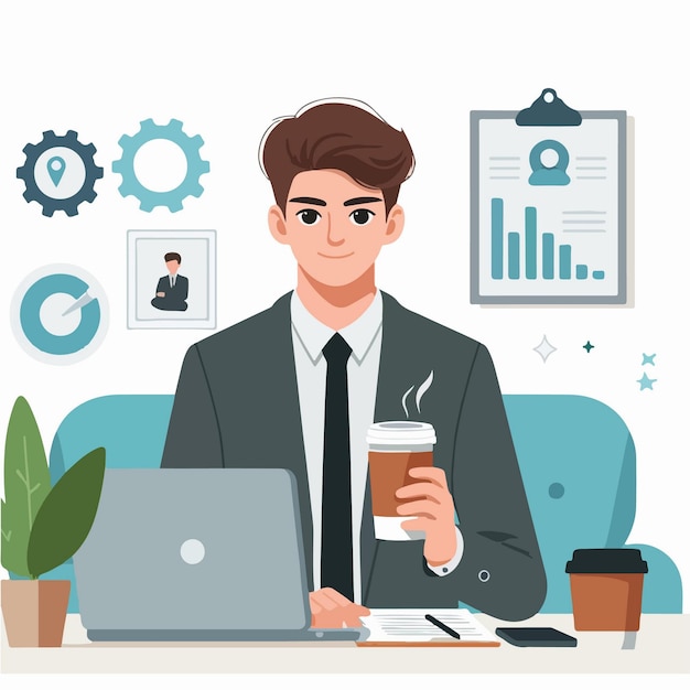 Vetor ilustração de design plano de um homem de negócios trabalhando casualmente na frente de um laptop segurando café