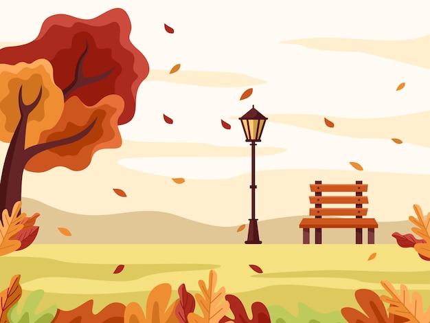 Ilustração de design plano de um parque de outono com um banco e uma lanterna - autumn hygge flat vector desig
