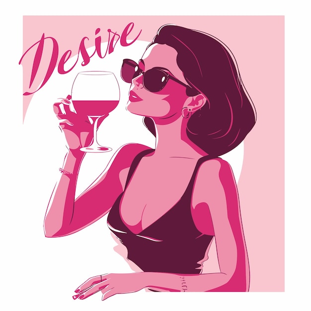 Vetor ilustração de design plano em rosa de uma mulher bebendo vinho desejo chique