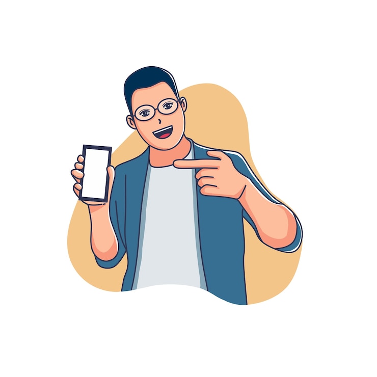 Vetor ilustração de design plano homem apontando para o telefone móvel enquanto mostra tela vazia em branco