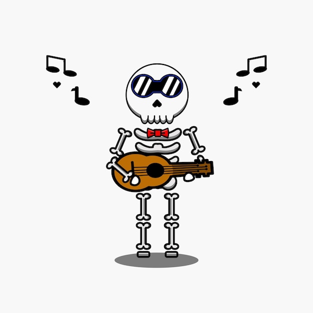 Ilustração de design vetorial de uma mascote esqueleto tocando guitarra