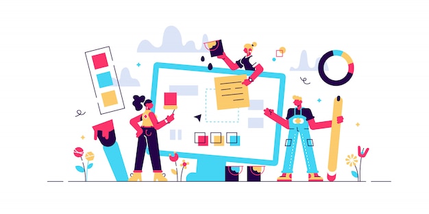 Ilustração de design web. Conceito de mini pessoas com home page design criativo, blog ou site. Ferramentas de equipamentos para interface digital. Trabalho em equipe e trabalho de colega de trabalho para empresa de desenvolvimento de aplicativos de computador