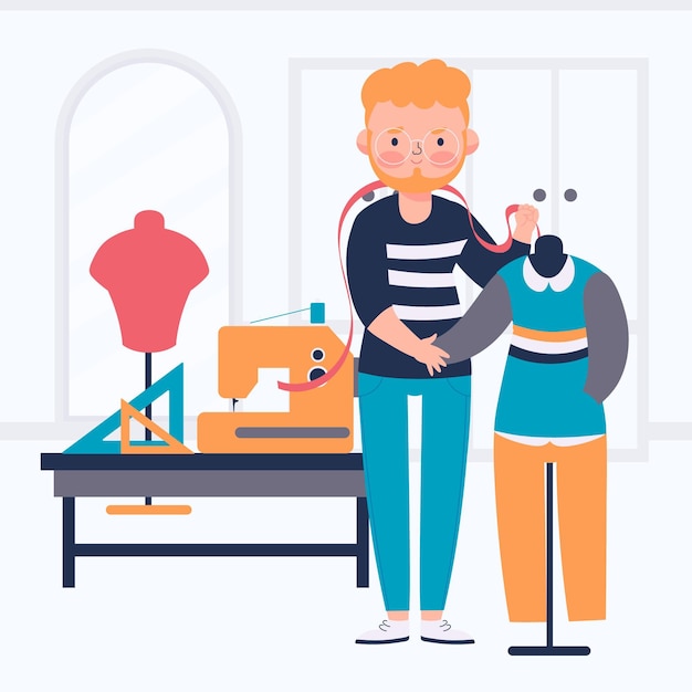 Ilustração de designer de moda com homem e máquina de costura