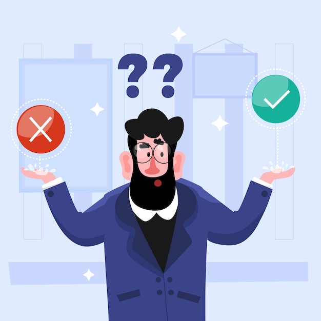 Ilustração de dilema ético com o homem escolhendo entre o certo ou o errado