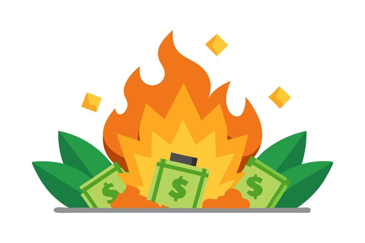 Vetor ilustração de dinheiro em chamas representando perda financeira, desperdício e maus investimentos em um design ousado e conceitual