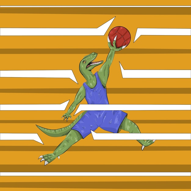 Vetor ilustração de dinossauro raptor joga basquete