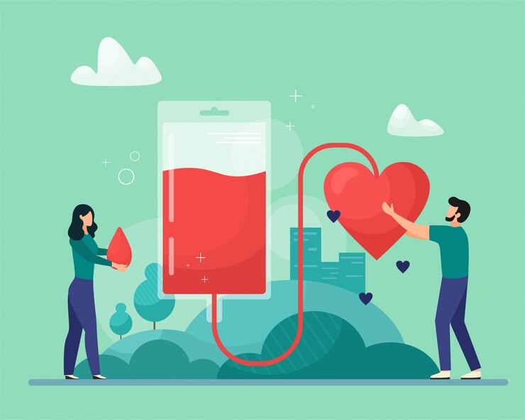 Ilustração de doação de sangue. Conceito de emergência e transfusão de sangue. Suporte ao paciente. Coleta de sangue. Ilustração em estilo simples dos desenhos animados.