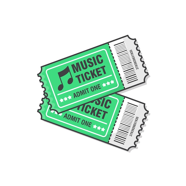 Ilustração de dois bilhetes de concerto de música. Ingresso para entrada no evento