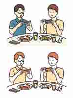 Vetor ilustração de dois homens tirando fotos de comida