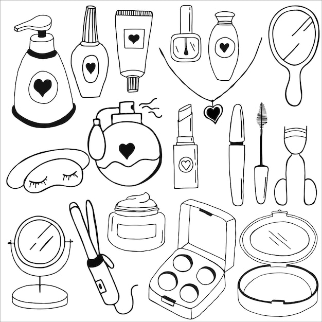 Ilustração de doodle de cosméticos e ferramentas de maquiagem, como pincel, batom, máscara, creme, polimento de unhas, pomada, pente, etc. ilustração de linha preta e branca