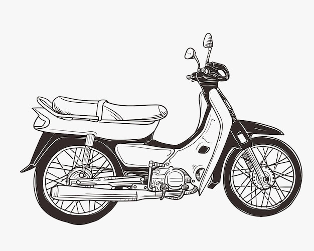 Ilustração de doodle de motocicleta vintage underbone com contorno