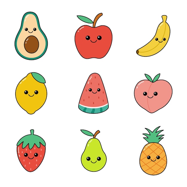 Vetor ilustração de doodle desenhado à mão com frutas kawaii