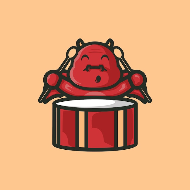 Ilustração de dragão vermelho mascote bonito tocando bateria
