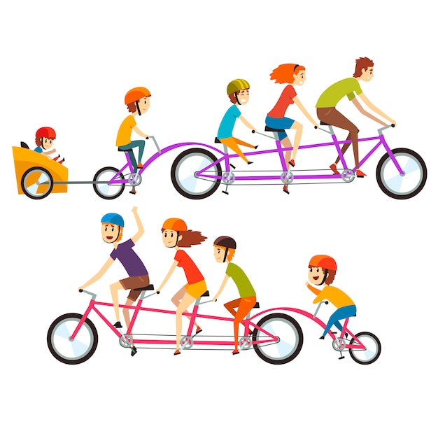 Ilustração de duas famílias felizes, montando na bicicleta tandem grande. divertimento engraçado com crianças. personagens de desenhos animados pessoas com expressões de rostos sorridentes.