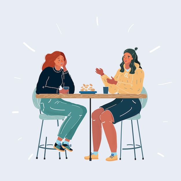 Ilustração de duas mulheres à mesa no fundo branco encontrando amigos ou namoradas