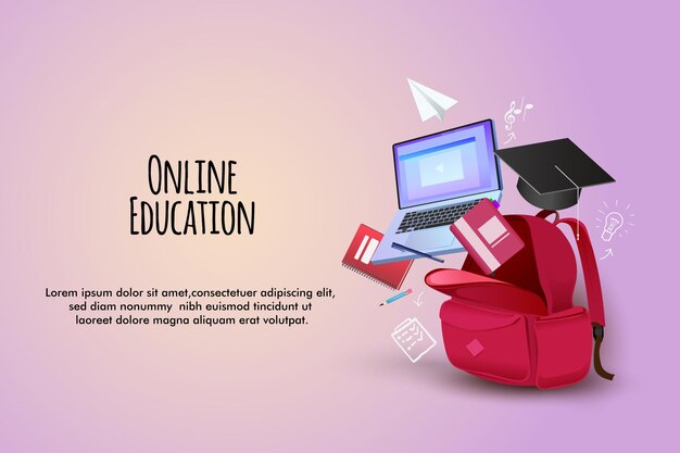 Ilustração de educação online com bolsas, livros e lápis