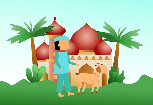 Vetor ilustração de eid al adha com homem e cabra