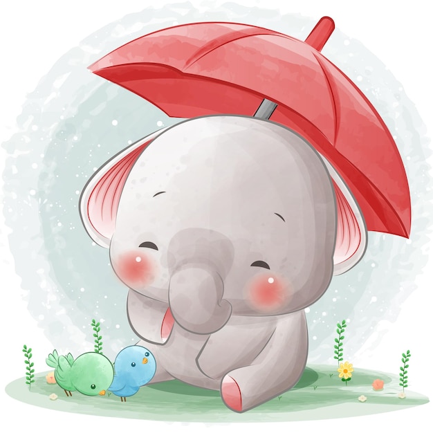 Ilustração de elefante bebê fofo e engraçado sob o guarda-chuva