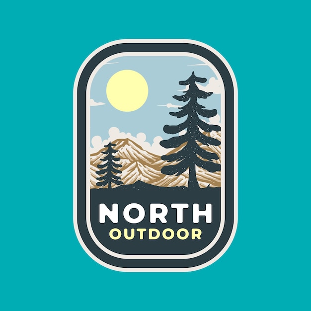 Ilustração de emblema de rótulo vintage do norte ao ar livre com montanha e árvore